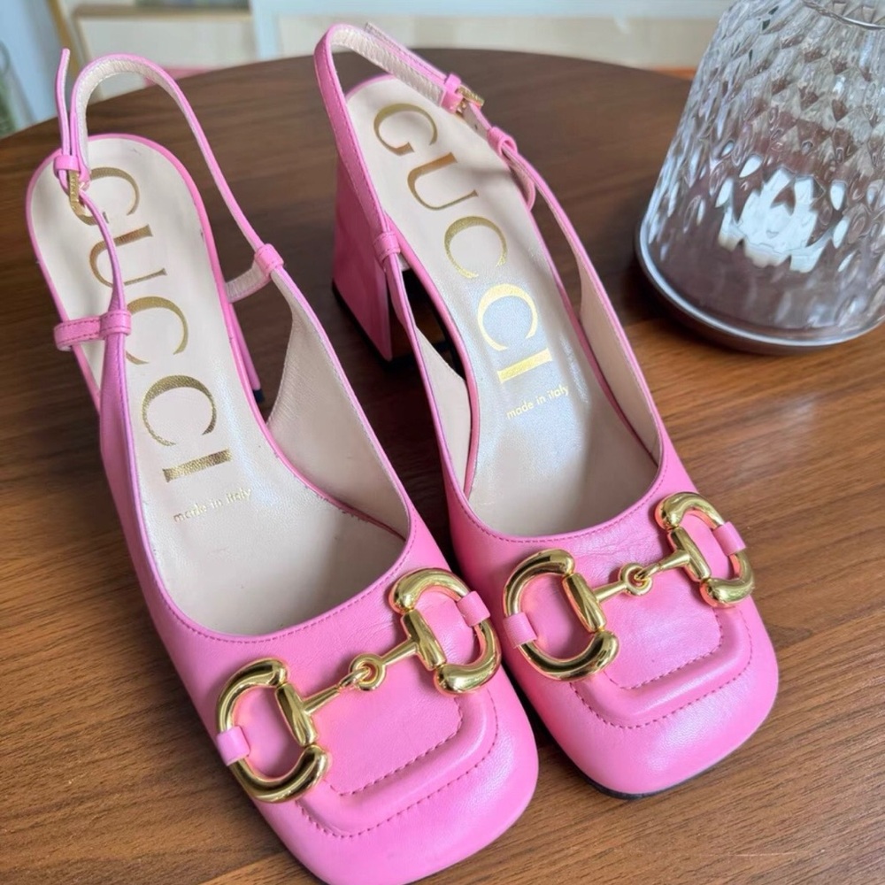 Gucci Hot Pink Leather Horsebit Slingback Block Heels